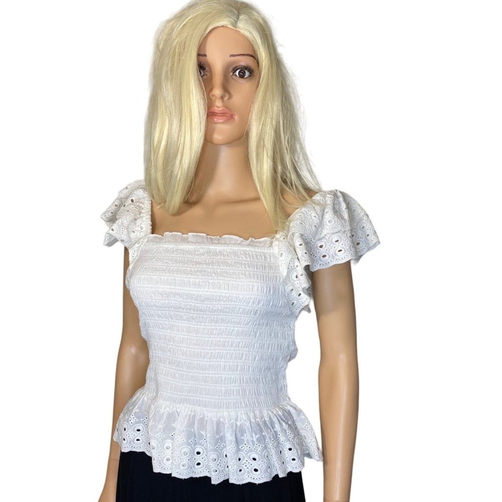 NWT House of Harlow 1960 REVOLVE Smocked Eyelet Top Boho Cotton S MSRP $160 - Picture 2 of 15